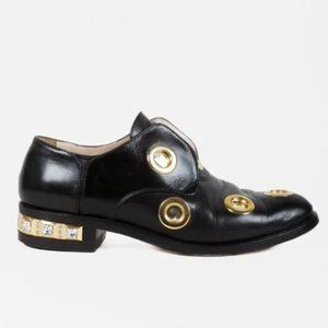 Cavallini Black Leather Studded Gold Heel Loafers